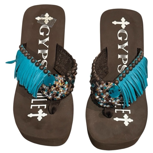 Gypsy Soule Turquoise Fringe Jeweled Wedge Flip-Flops Size 10 - Picture 2 of 7